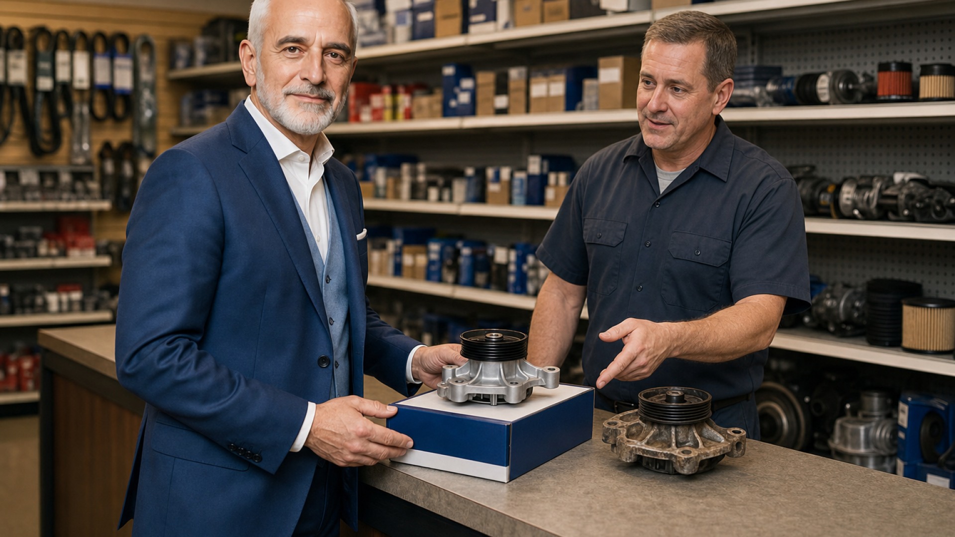 Customer comparing an old auto part with a replacement part at an auto parts counter.