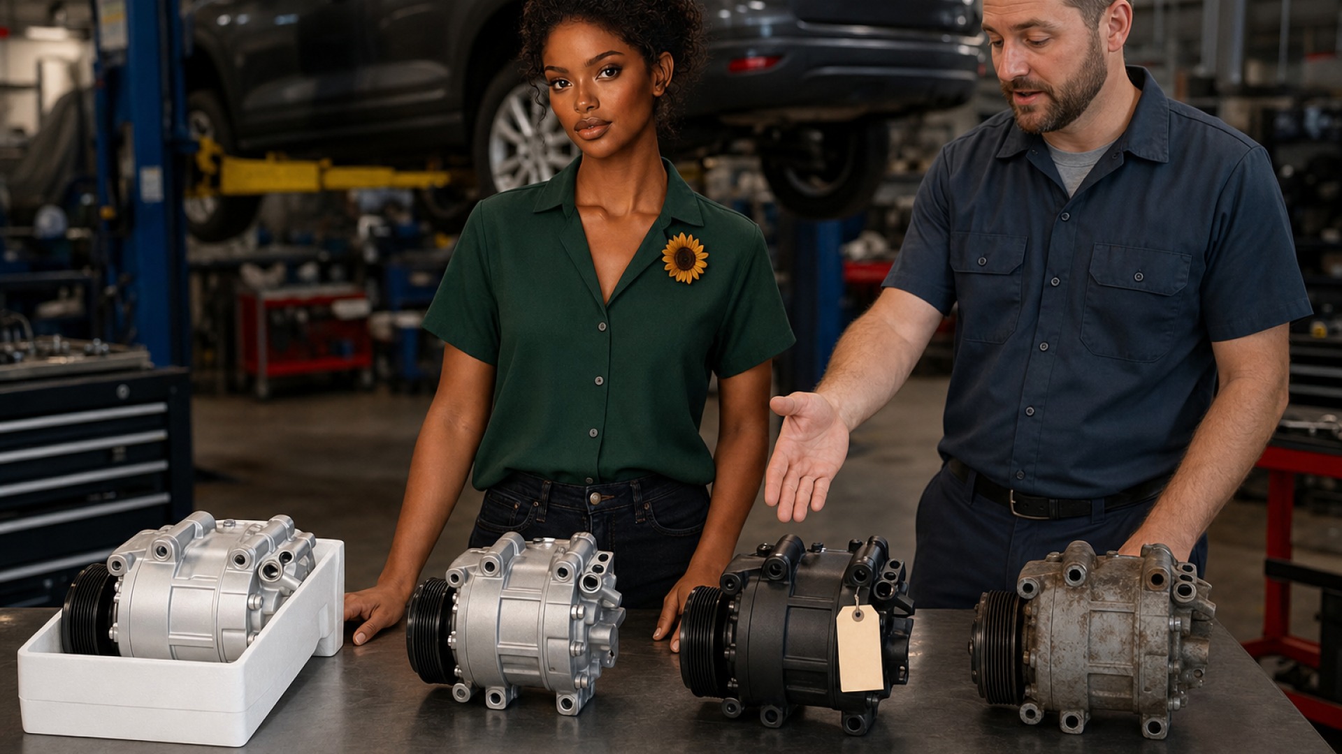 Different types of replacement auto parts arranged on a workbench for comparison.