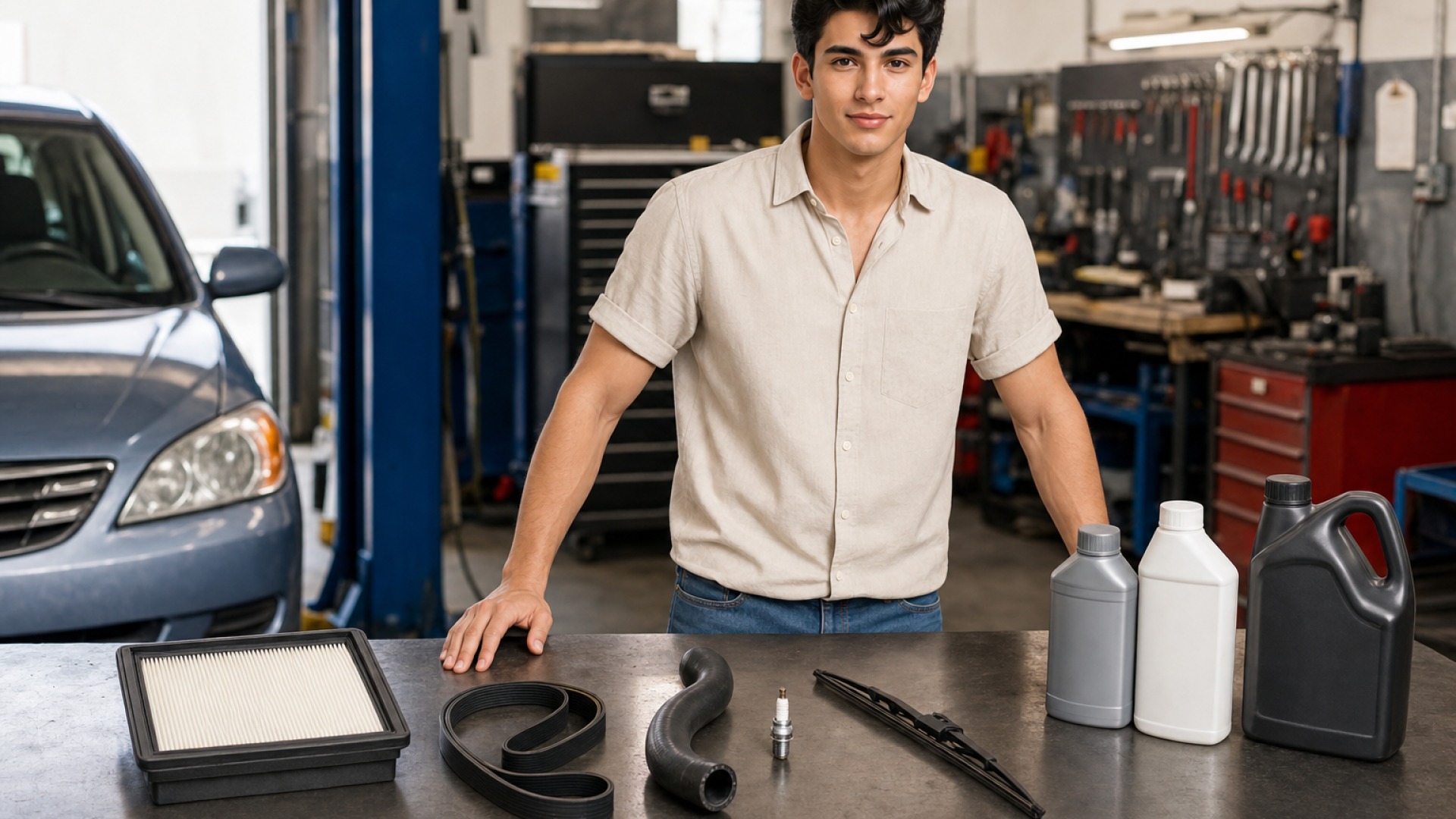 Common vehicle maintenance parts laid out on a garage workbench.