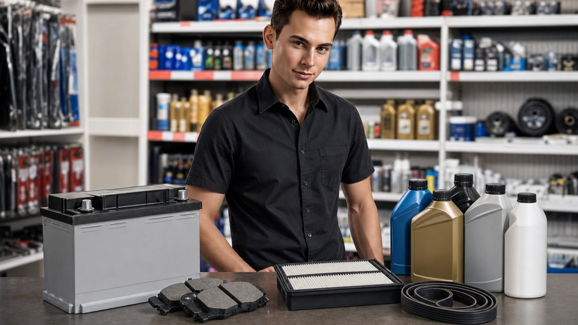 Essential auto parts including battery, brakes, filters, belts, and fluids.