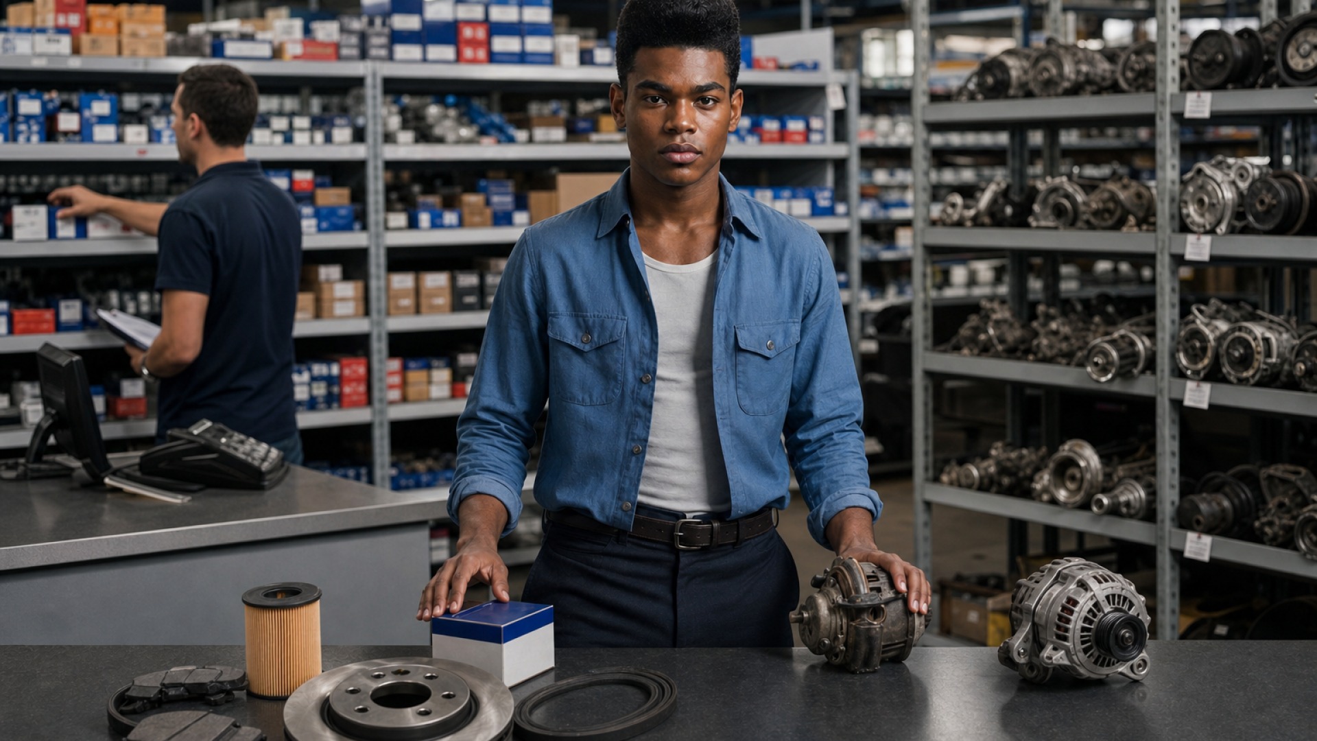 Different auto parts buying sources including store counter, dealer parts desk, and warehouse shelves.