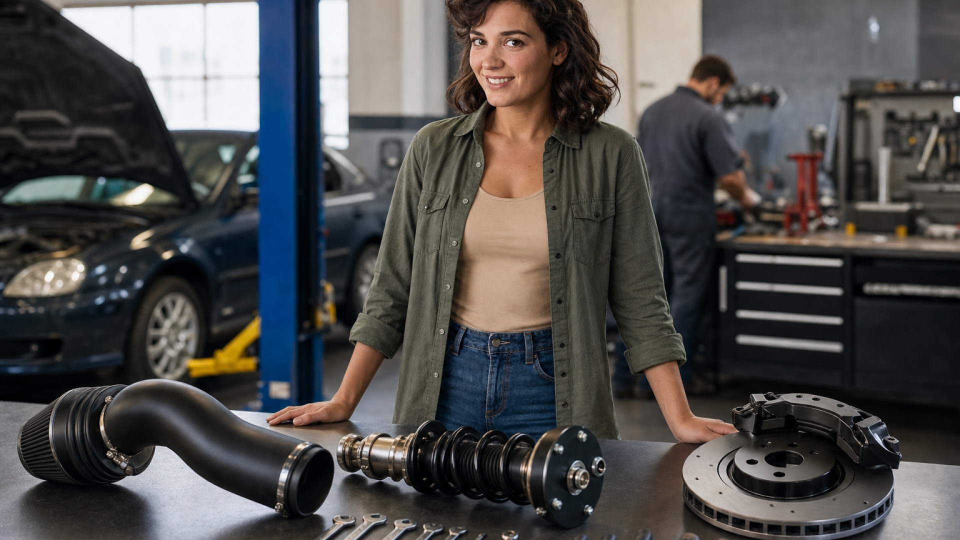 Generic performance auto parts arranged on a workshop table.