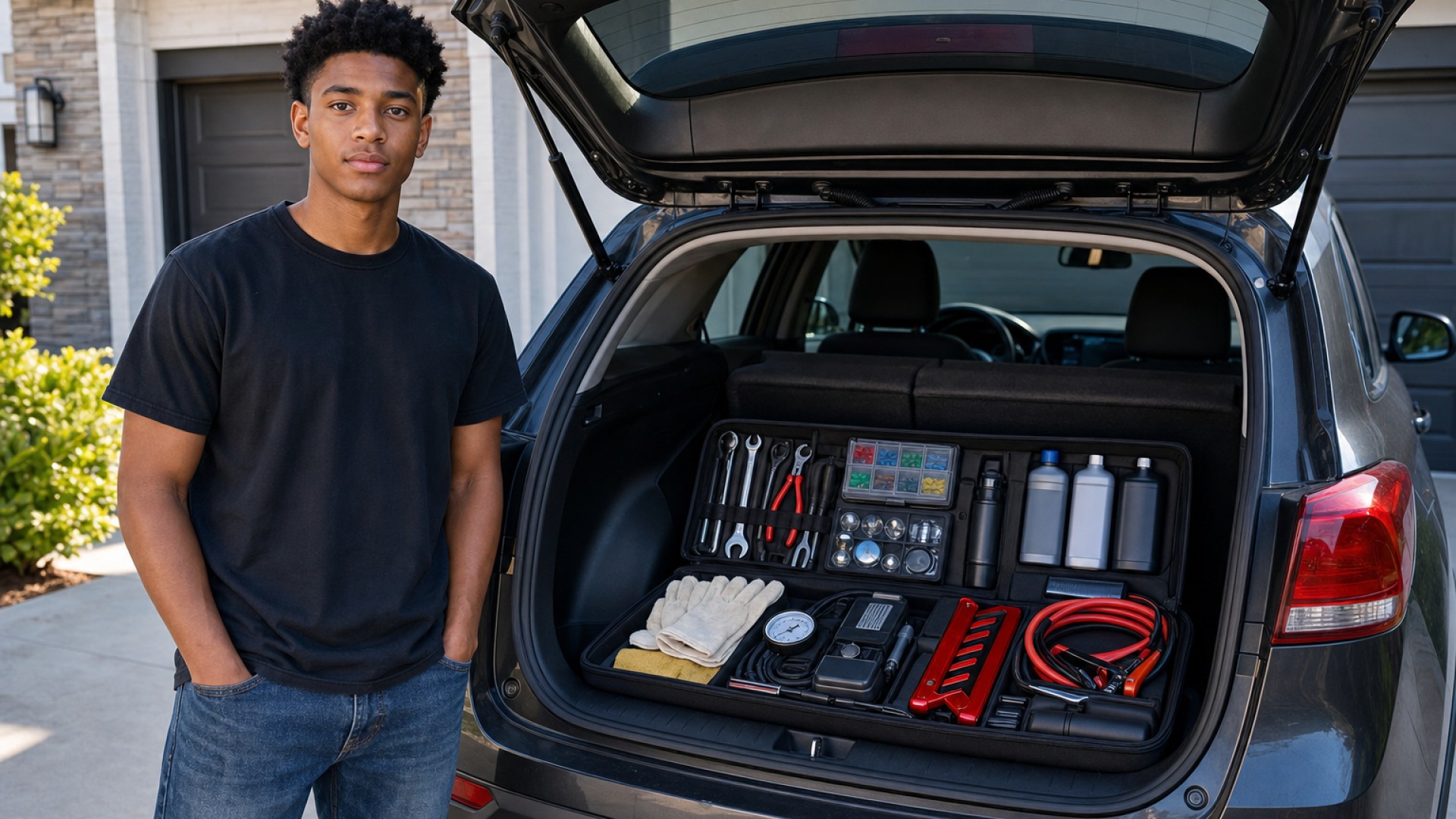 Organized emergency auto parts and supplies stored in a vehicle trunk.