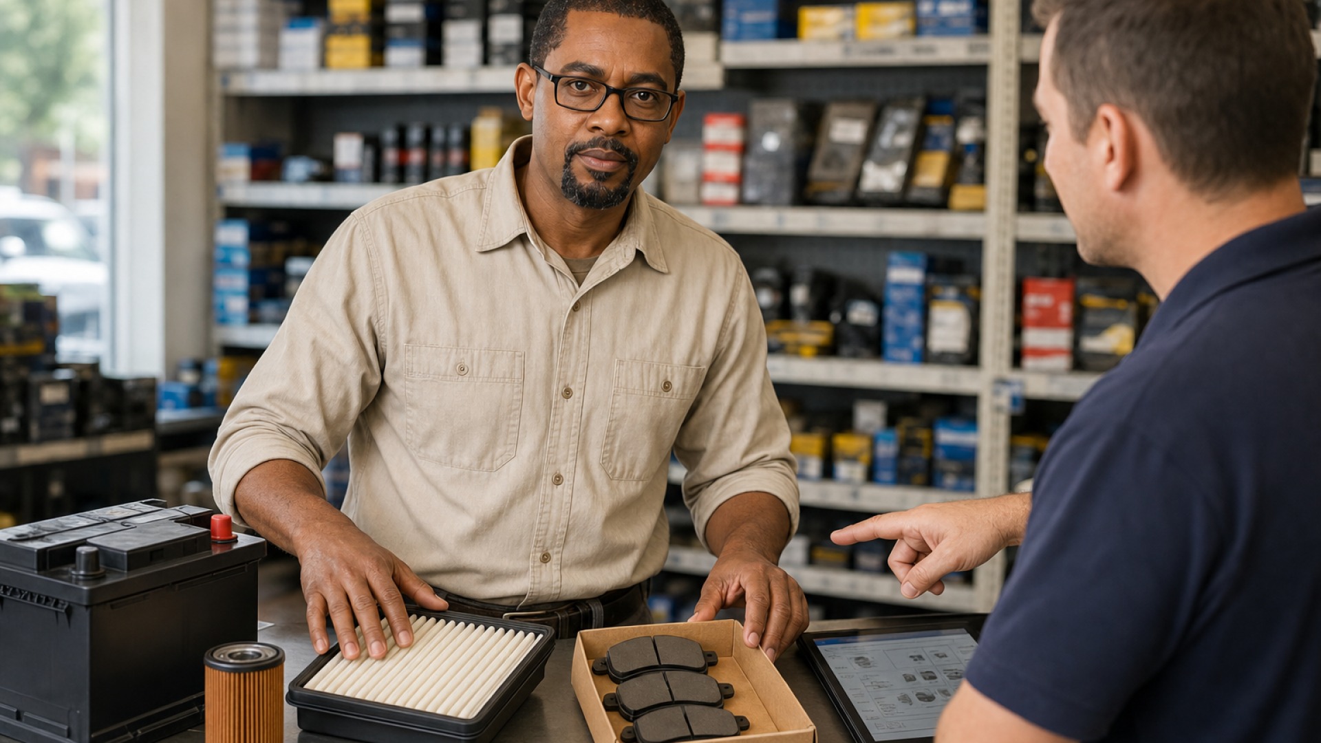 Customer and repair shop discussing whether the customer or shop should supply an auto part.