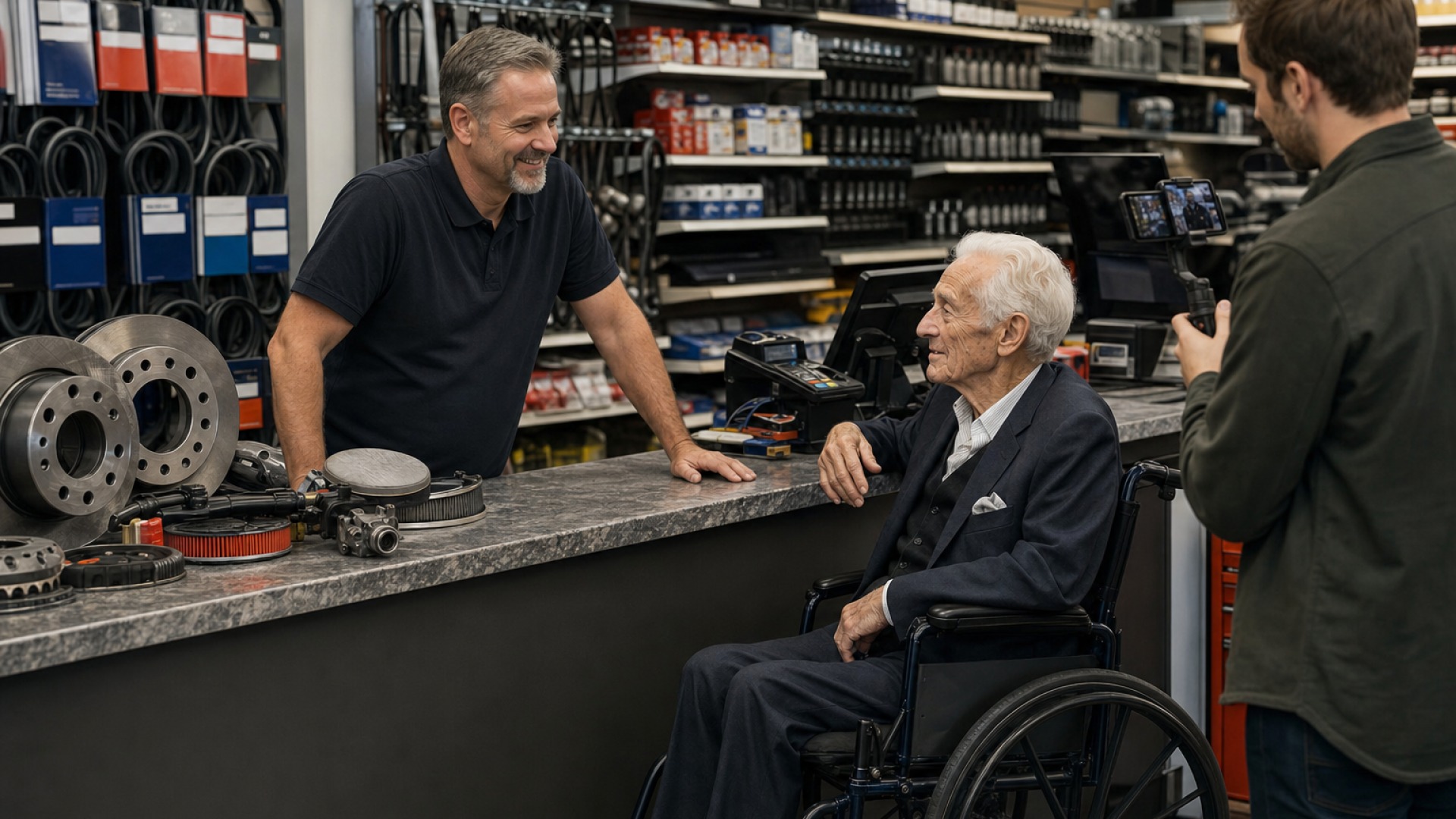 Local auto parts business and creator opportunity scene at an auto parts counter.